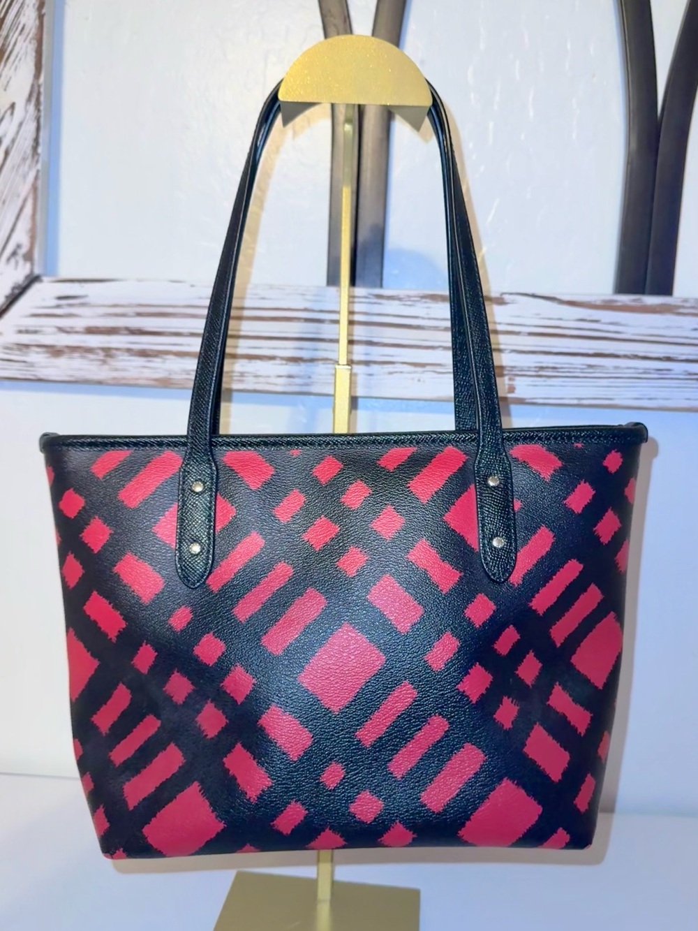 Coach F22246 City Zip Tote Bag Wild Red Plaid/Black 12x8x4” EUC - Picture 5 of 15
